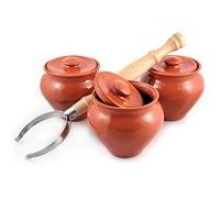 Stoneware Ramekins with Lids Set of 3 & 1 Oven Fork - 16.9 fl oz (500 ml) - Clay Pots for Cooking