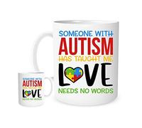 Stoneys Badges Autism Awareness Mug - “Love Needs No Words” Inspirational Puzzle Heart Design - 11oz Ceramic Coffee Cup - Gift for Autism Parents, Teachers & Advocates