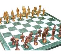 StonKraft 20" X 20" Collectible Green Marble Chess Game Board Set Roman Figure Brass Crafted Pieces Chessmen Coins