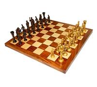 StonKraft Collectible Acacia Wood Chess Game Board and Brass Roman Figure Pieces Set (Brown)