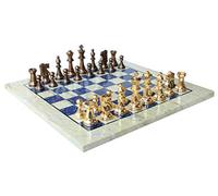 StonKraft Collectible Australian Marble and Lapis Lazuli Chess Board Set + Brass Staunton Chess Pieces Pawns - Decorative Stone Chess - 15" Inches