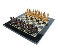 StonKraft Collectible Black Marble and (MOP) Mother of Pearl Chess Board Set + Brass Roman Chess Pieces - Decorative Stone Chess - Home Décor - 15" Inches