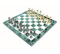 StonKraft Collectible Green Marble Chess Game Board Set + Brass Crafted Pieces - Decorative Stone Chess - Home Décor - 15" Inches