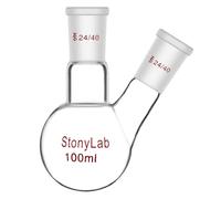 StonyLab Borosilicate Glass 2 Neck Round Bottom Flask RBF, with 24/40 Center and Side Standard Taper Outer Joint - 100ml