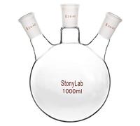 StonyLab Borosilicate Glass 3 Neck Round Bottom Flask RBF, with 24/40 Center and Side Standard Taper Outer Joint (1L)