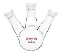 StonyLab Borosilicate Glass 3 Neck Round Bottom Flask RBF, with 24/40 Center and Side Standard Taper Outer Joint - 100ml