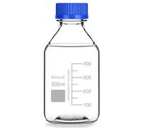 stonylab Graduated Storage Bottles with GL45 Screw Cap, 500 ml Glass Clear Round Lab Reagent Media Storage Bottles with Blue Screw Cap, 1 Pack