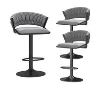 Stools Set of Velvet, Woven Swivel Barstools with Backs Black Base, Tall Kitchen Counter Chairs for Bar Pub Cafe, Adjustable Height 45-60cm, Green (Grey 3 PCS)