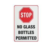Stop - No Glass Bottles Permitted Sign 12 X 8 Inches Aluminum Metal Warning Signage With Symbol For Indoor Outdoor Use