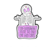 Stop Overthinking You’re The Only One Who Cares Enamel Pin Badge - Cute Skeleton Lapel Pin, Pink & Purple Goth Brooch, Funny Mental Health Reminder Jacket Backpack Accessory Gift