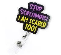 Stop Screaming I'm Scared Too Badge Reel, Funny Retractable Badge Reel for Nurse Nursing Student RN MA CNA LPN EMT EMS & Medical Worker, Paramedic Badge Clip, ER Nurse Badge Holder with Alligator Clip