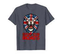 Stop The Boats Great Britain Flag. Lion T-Shirt, Men, Heather Blue, Large