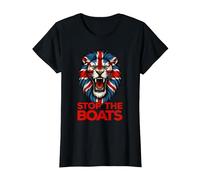 Stop The Boats Great Britain Flag. Lion T-Shirt, Women, Black, X-Small