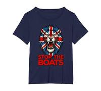 Stop The Boats Great Britain Flag. Lion T-Shirt, Women's Plus, Navy Blue, 5X