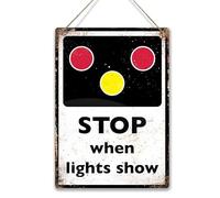 STOP when lights show. Large metal sign with 2 holes and twine. Level crossing steam train