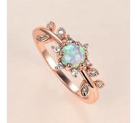 STOPI Cute Female White Round Opal Ring Vintage Rose And Gold Color Thin Wedding Rings For Women Luxury Bride Crystal Leaf Engagement Ring