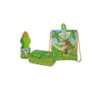 Stor Dinosaur Triple Pack - Multi Compartment Sandwich Box, 400ml Sports Bottle & Drawstring Lunch Bag