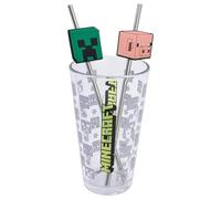 STOR Glass Cup Set with Stainless Steel Straws Minecraft 480ml - BPA Free, Perfect for Cold and Hot Drinks