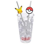 Stor Glass Cup Set with Stainless Steel Straws Pokémon 480ml - BPA Free, Perfect for Cold and Hot Drinks