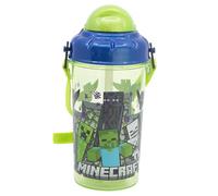 STOR Kids Water Bottle with Straw Minecraft 465ml - BPA-Free Plastic Bottle with Lid and Strap for School and Sports