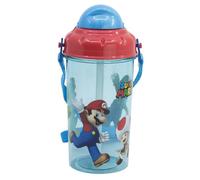 STOR Kids Water Bottle with Straw Super Mario Bros 465ml - BPA-Free Plastic Bottle with Lid and Strap for School and Sports