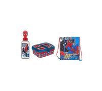 Stor Spiderman Triple Set - XL Multi Compartment Sandwich Box, 3D Figurine Drinks Bottle & Drawstring Lunch Bag
