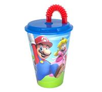 Stor Super Mario 430ml, Kids Cup with Lid and Straw-Multicolored Cup for Children - Nintendo Switch Game Fans- Reusable, Plastic, Perfect for every occasion