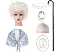 Storage Bag 9Pieces Kids Old Lady Costume Halloween Granny Outfit With Shawl Glasses Necklace Earrings Walking Sick Birthday Party Costume