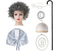 Storage Bag 9Pieces Kids Old Lady Costume Halloween Granny Outfit With Shawl Glasses Necklace Earrings Walking Sick Birthday Party Costume