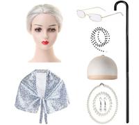Storage Bag 9Pieces Kids Old Lady Costume Halloween Granny Outfit With Shawl Glasses Necklace Earrings Walking Sick Birthday Party Costume