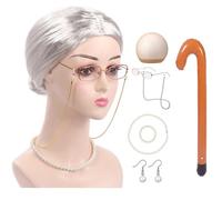 Storage Bag Halloween Grandma Costume Set For Girls Old Lady Costume Outfit Dress Up Grandma Wig Necklace Granny Glasses Old Lady Set Girls Halloween Outfit Wig Glasses Necklace