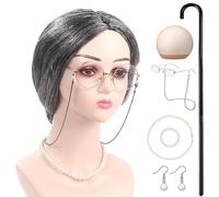 Storage Bag Halloween Grandma Costume Set For Girls Old Lady Costume Outfit Grandma Wig Necklace Granny Glasses Dress Up Accessories Halloween Set For Girls Wig Glasses Old Lady Dress Up Accessory