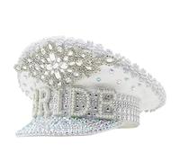 Storage Bag Hand Beaded Sequins Captain Hat Shimmering Crystal Hat For Bride Wedding Props Encrusted Layers Pearls Bride Costume Bridal White