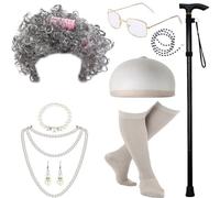 Storage Bag Kids 100 Days Of School Costume Set Girls Halloween Old Lady Costume Grandma Wig Granny Glasses Old Lady Dress Up Outfit Set For Kids Girls Halloween Grandma Outfit Wig Glasses