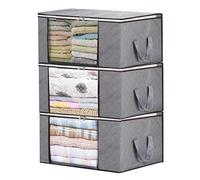 Storage Bags with Double Zippers,Large Capacity Foldable Storage Bag for Comforters, Large Clear Window & Portable Handles, Great for Clothes, Blankets, Closets, Bedrooms cleaning(Grey, 3 Packs)