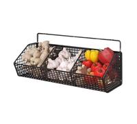 Storage Basket - 3 Compartment Wall Organizer for Mounted Kitchen Organization, Reliable Metal Frame with Ventilated Design and Easy Hanging, Vegetable Basket for Garlic, Potato, Ginger, 14.17x5in