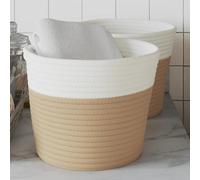 Storage Basket Beige White Cotton-Blend Ø24x18cm Foldable 2pcs handles Decor Set