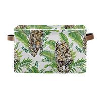 Storage Basket Bin Set of 2 Animal Leopard Tropical Leaves Collapsible Cube Storage Box Fabric Toy Organiser Box with Handles for Kids Room Shelf Closet Bedroom