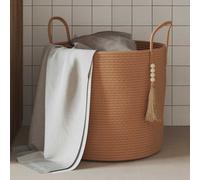 Storage Basket Brown Cotton Blend Ø40x35cm Tassel Foldable Handles Decorative.