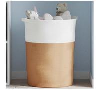 Storage Basket Brown & White Ø49x65cm Woven Cotton Rope Foldable Hamper for Home