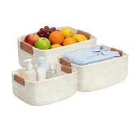 Storage Basket ? Cotton Rope Organizer Bin Set, 3 Piece Braidedd Bins with Leather Handles | Multifunctional Rectangular Basket for Bathroom, Nursery, Bedroom, Shelves, Toy, Towel, Book Storage