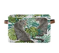 Storage Basket Cube with Handles Leopard Animal Jungle Toys Storage Cube Box, Palm Leaf Large Collapsible Rectangular Storage Bin for Shelves Closet Kids Bedroom Nursery Bathroom kitchen