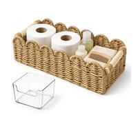Storage Basket for Toilet Tank Top Scalloped Edge Woven Paper Rope Wicker Bin with Wooden Handles Cute Decorative Organizer Tray for Counter Shelf & Decor Includes Small Box Neutral