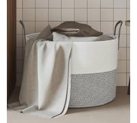 Storage Basket Grey White Cotton Diameter 51 x 33 cm with Handles, Foldable for Order and Decoration in the Living Room, Bedroom, Bathroom, Versatile Organiser for Laundry, Toy, Blanket, Towel