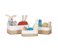Relaxdays Bamboo Bathroom Baskets, HxWxD13 x 30 x 20 cm, Set of 3 Shelf Bins with Cloth Insert, Natural