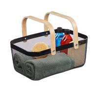 Relaxdays Wire Storage Basket with Handles, Square, Metal & Wood, for Various Utensils, HWD: 17.5 x 43 x 27cm, Black, Steel, 17.5 x 43 x 27 cm