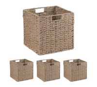 Relaxdays Storage Basket, Set of 4, Seagrass, Woven Design, Organiser for Clothing & Toys, 30x30x30 cm, Cube, Natural, Plant fibre