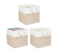 Relaxdays Storage Basket, 3-Piece Set, Linen, with Rope Handles, for Clothes, Toys, 30x30x30 cm, Beige/White, Cotton, Iron, 30 x 30 x 30 cm