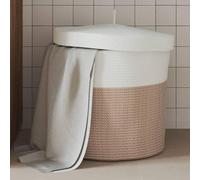 Storage Basket with Lid, Brown, White, Cotton, Diameter 40 x 35 cm, Foldable with Handles for Laundry, Toy, Towel, Organisation and Decoration in the Living Room, Bedroom, Bathroom