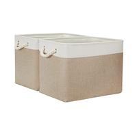 Storage Basket with Strong Rope Handle Collapsible Storage Bins Set with Handles for Organizing Home Closet, Towels, Toys (White&Khaki,16Lx11.8Wx11.8H Inches)